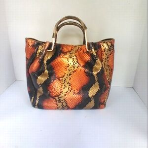 Snakeskin Print Satchel Bag‎ Designer Style Top Handle Gold Accents